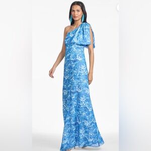 Sachin + Babi Blue Floral One-Shoulder Chelsea Dress Gown Mediterranean Formal